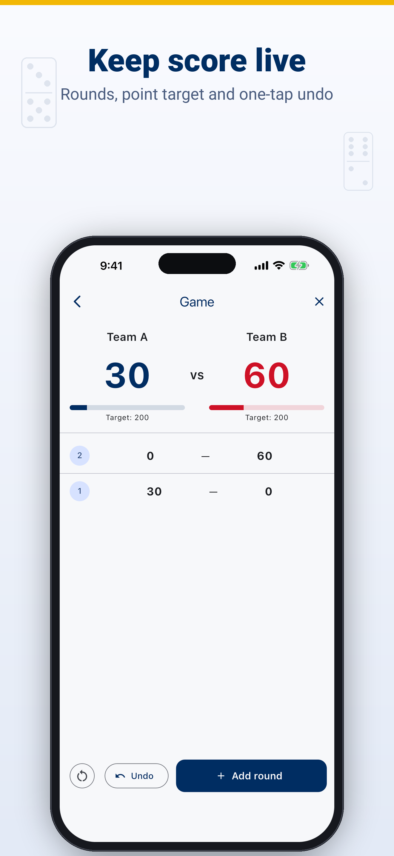 Keep score live, with rounds, point target and one-tap undo