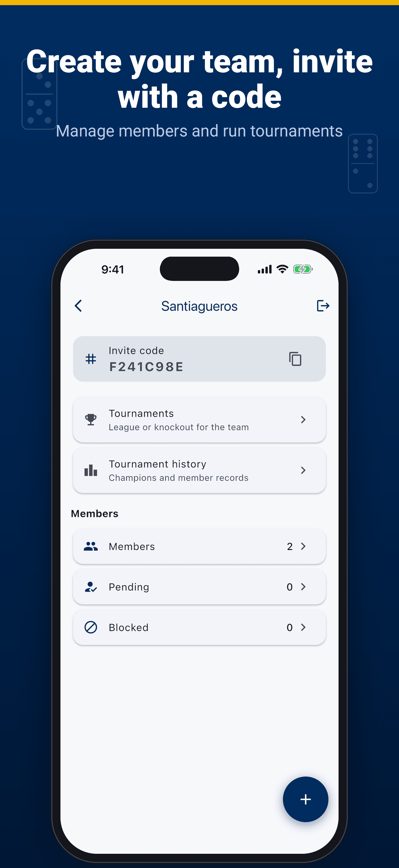 Create your team and invite with a code: manage members and run tournaments