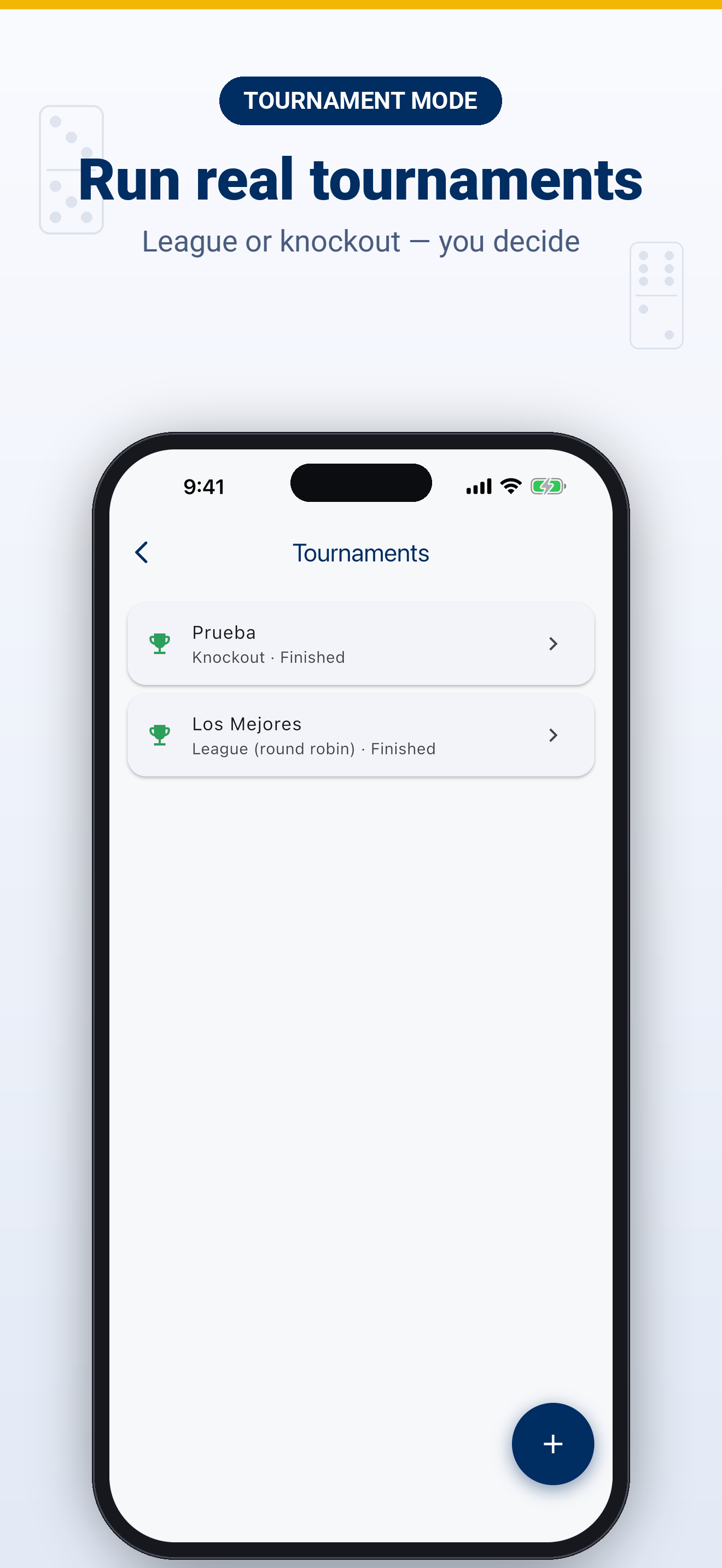 Run real tournaments: league or knockout — you decide