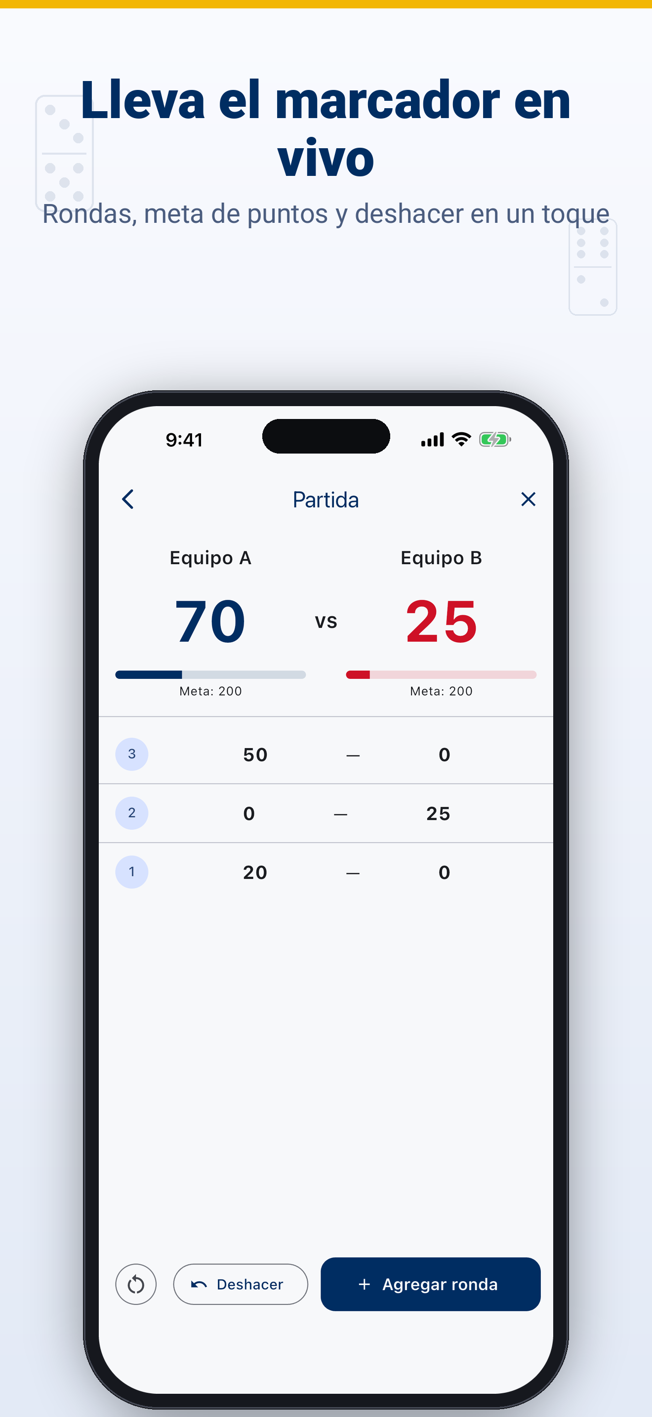 Lleva el marcador en vivo, con rondas, meta de puntos y deshacer en un toque