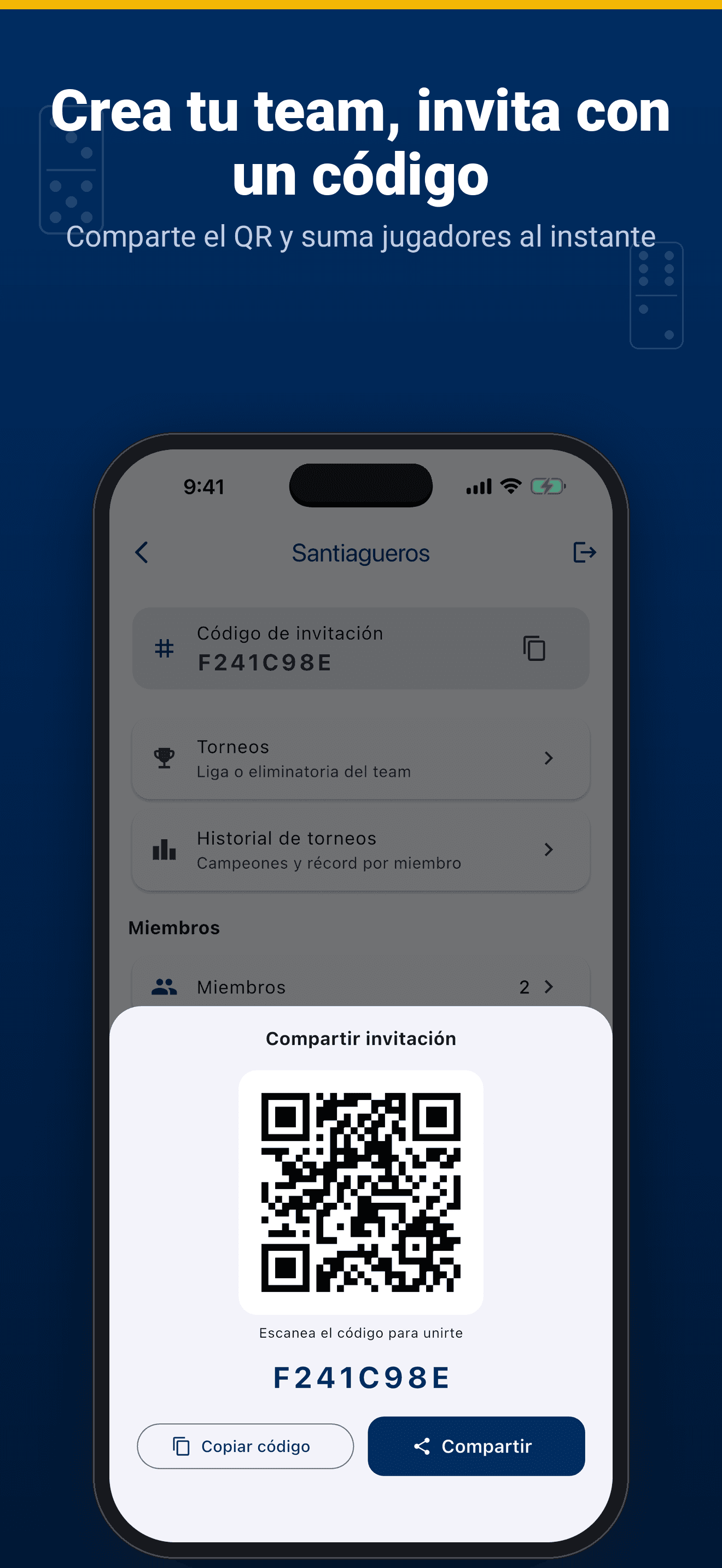 Crea tu team e invita con un código: comparte el QR y suma jugadores al instante