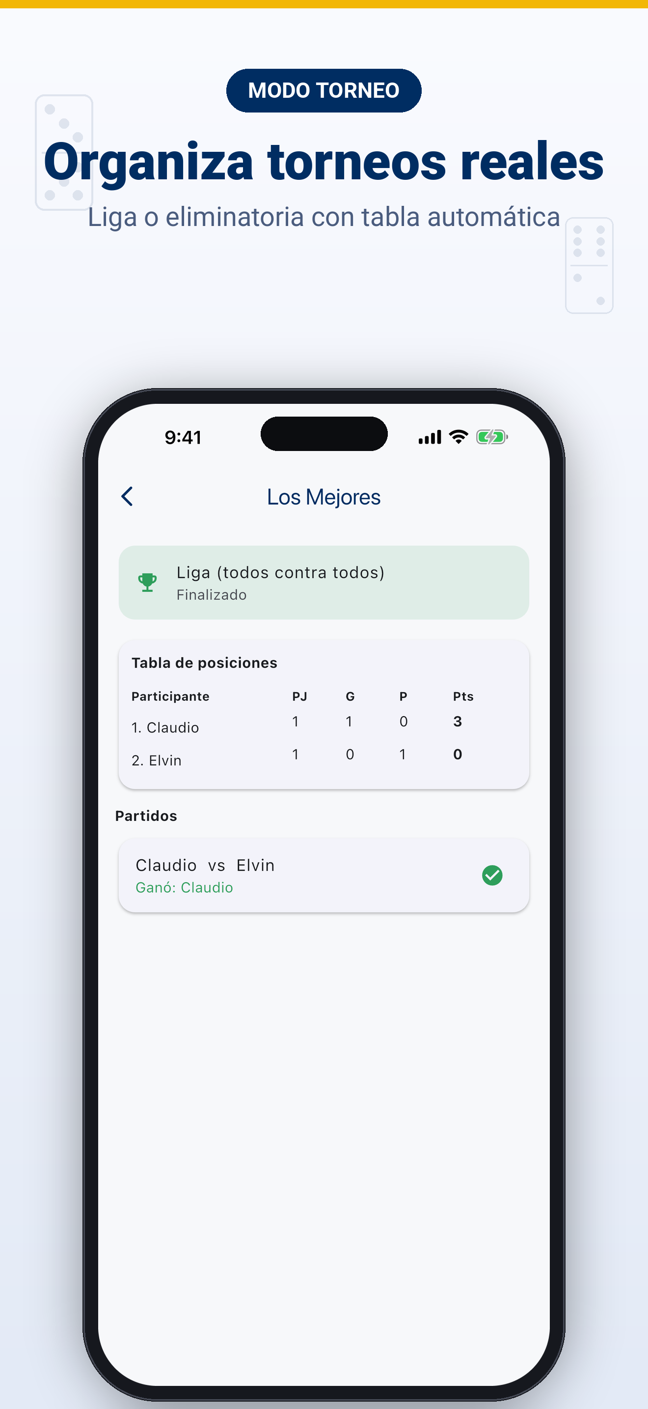 Organiza torneos reales: liga o eliminatoria con tabla automática