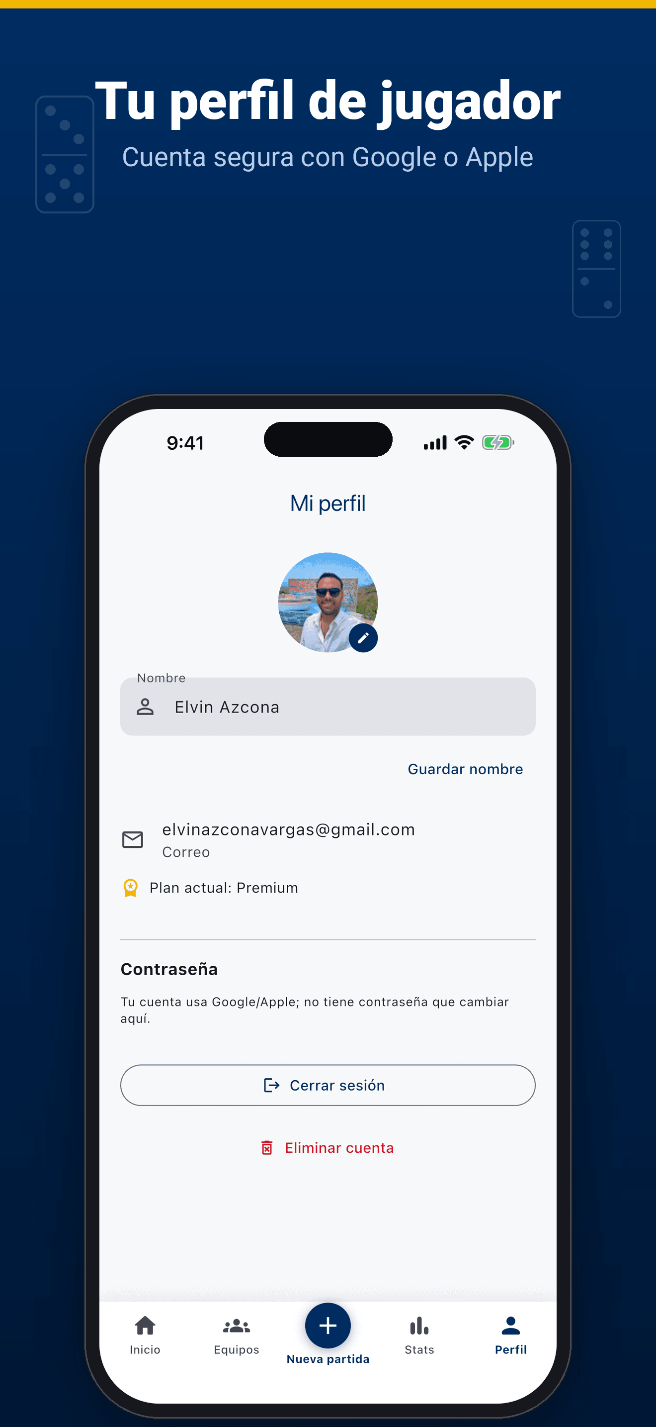 Tu perfil de jugador: cuenta segura con Google o Apple
